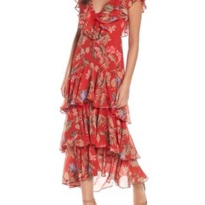 Wayf Red Floral Ruffle Tiered Midi Dress
